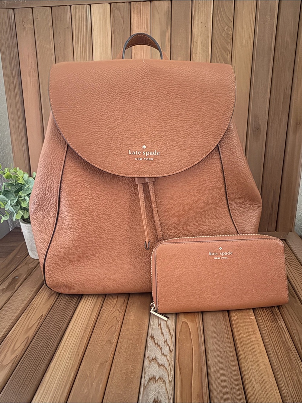 Kate Spade Laptop Backpack & Matching Wallet in Cognac Pebbled Leather